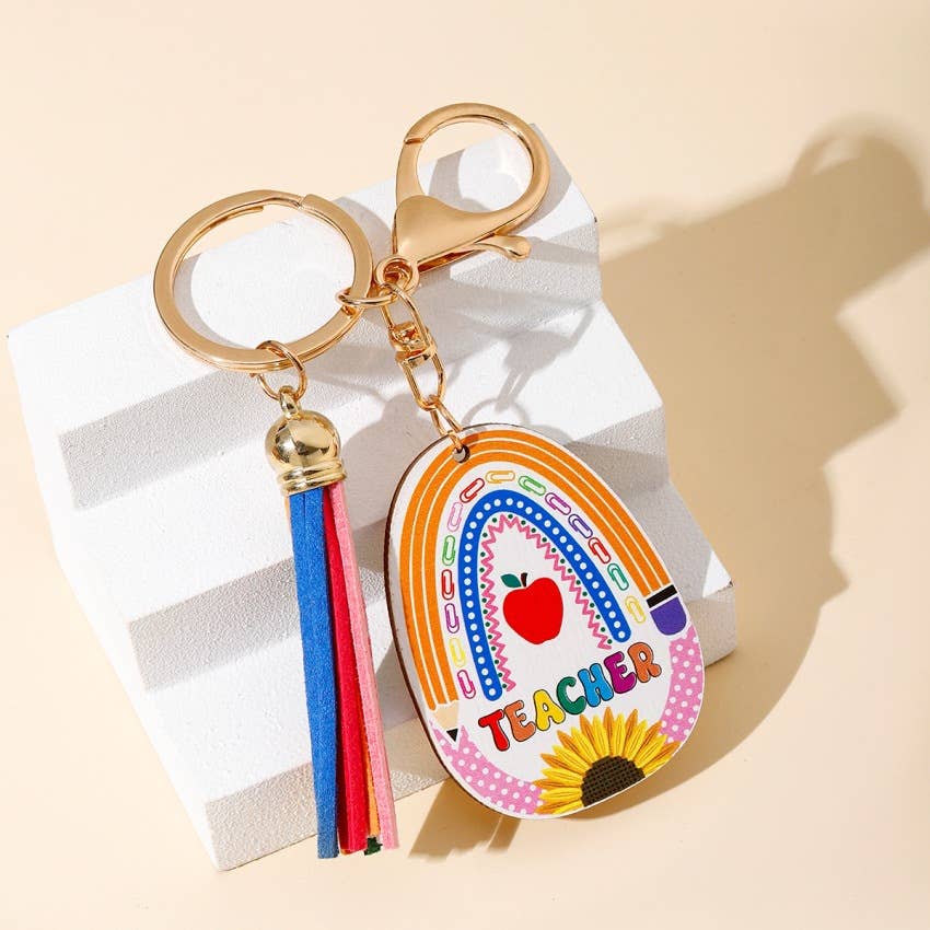 Rainbow Wooden Plaque Tassel Keychain Pendant