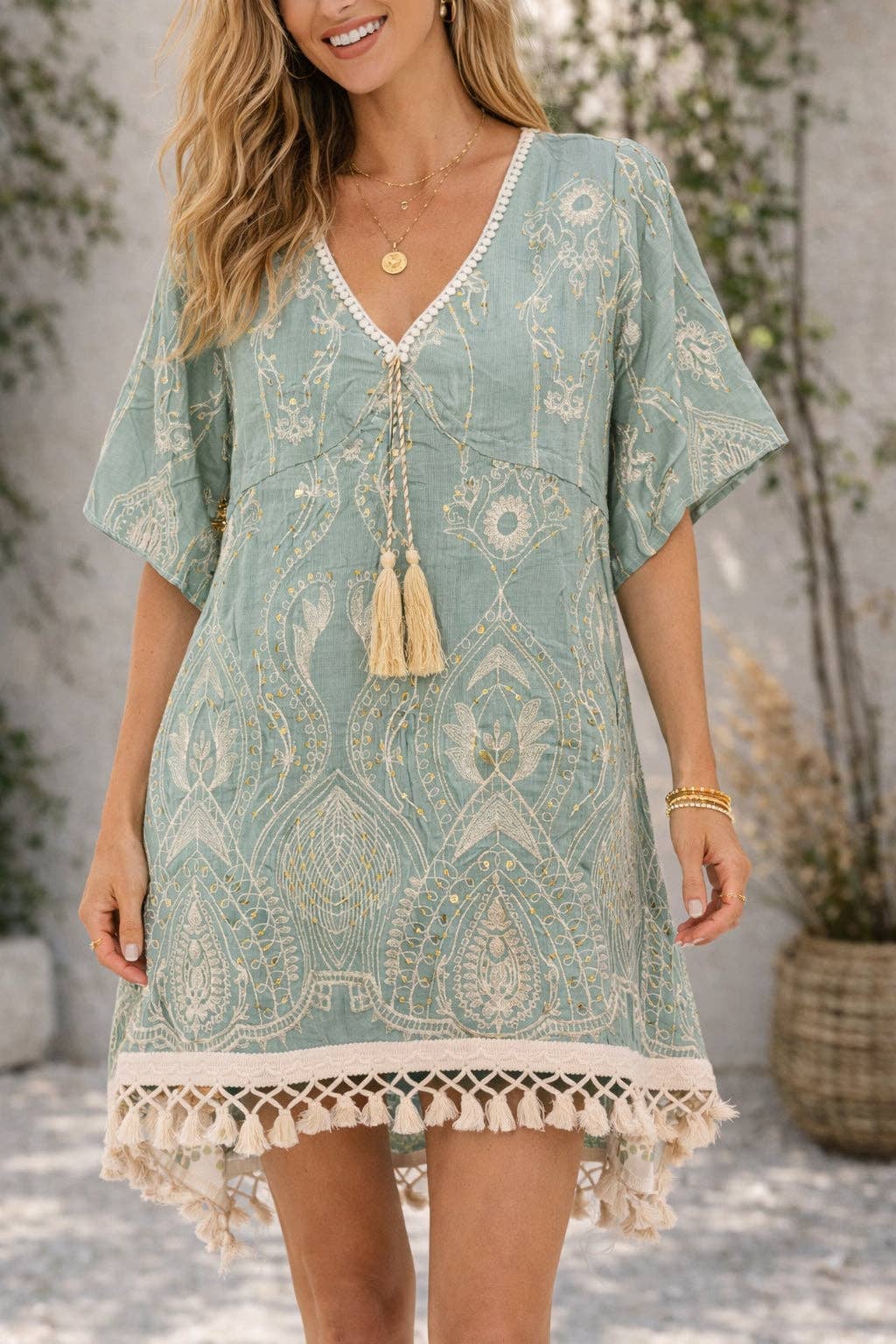 JCL903302 Embroidered Sequin Boho Tunic Dress with Tassel Tie & Fringe Hem
