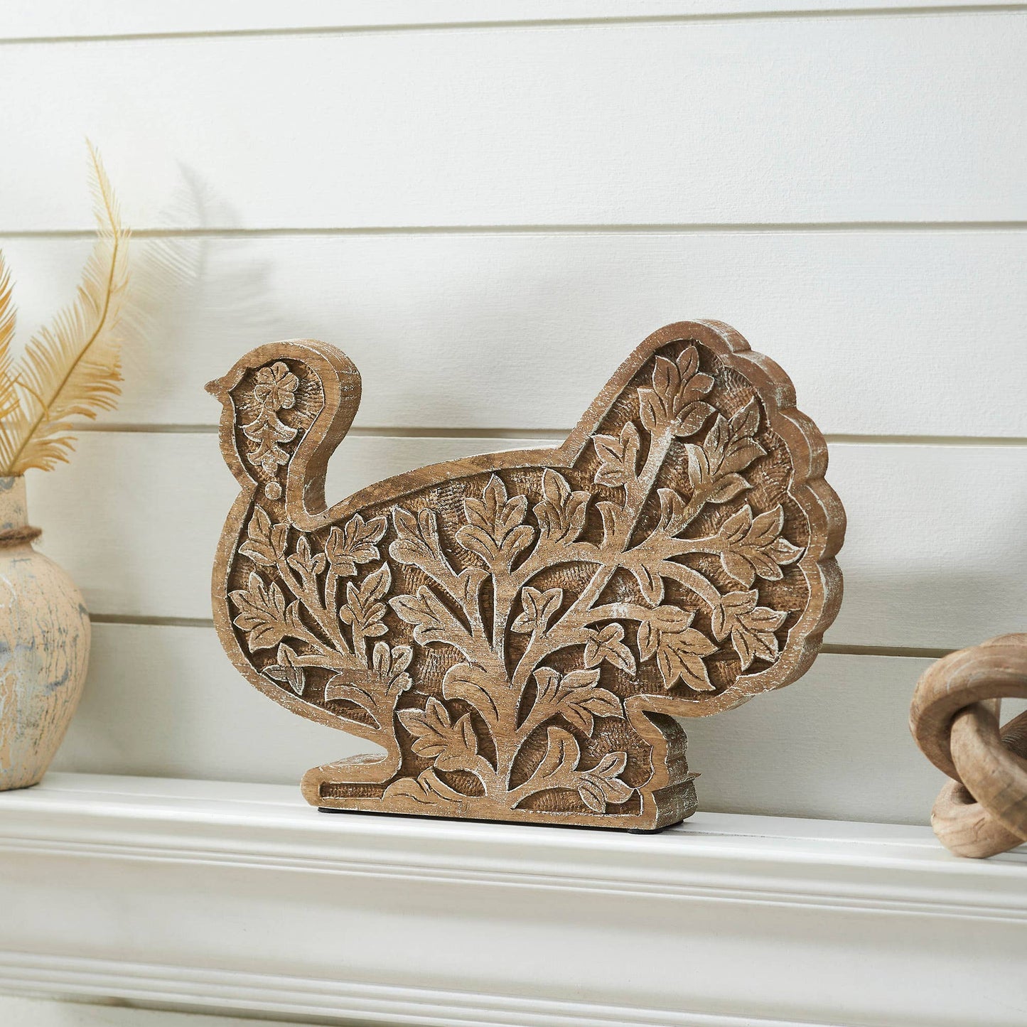 Wood Turkey Figurine, Fall Leaf Tabletop Decor, Thanksgiving Accent, 10x14x2