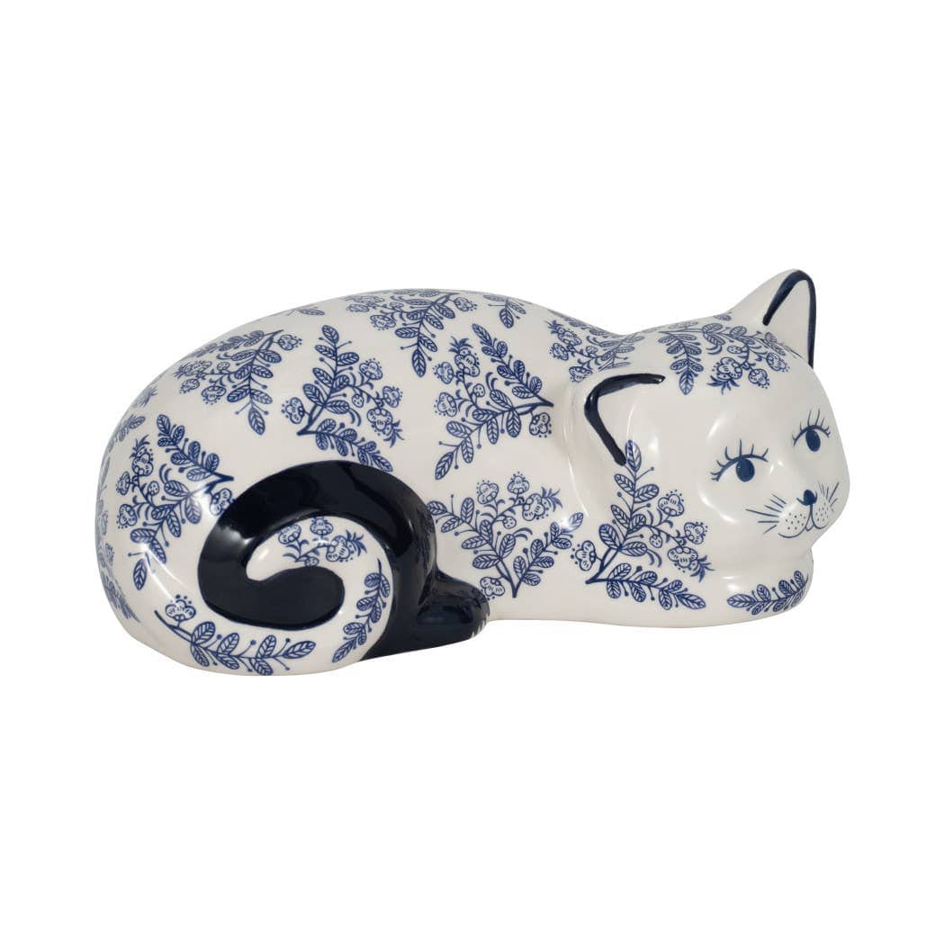 Ceramic Chinoiserie Sleeping Cat Figurine - White, 4 in.