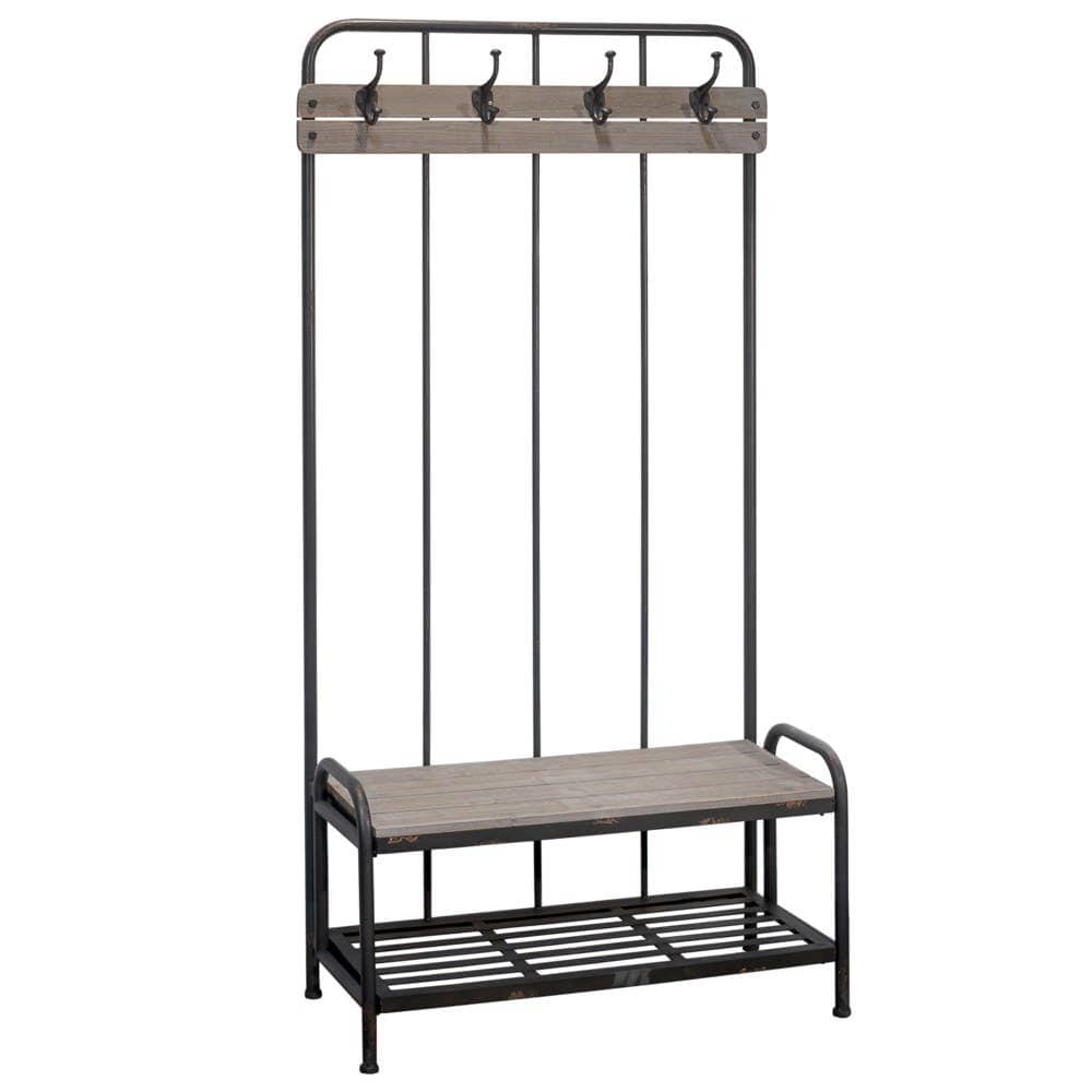 Metal and Wood Bench With Hooks Hall Tree