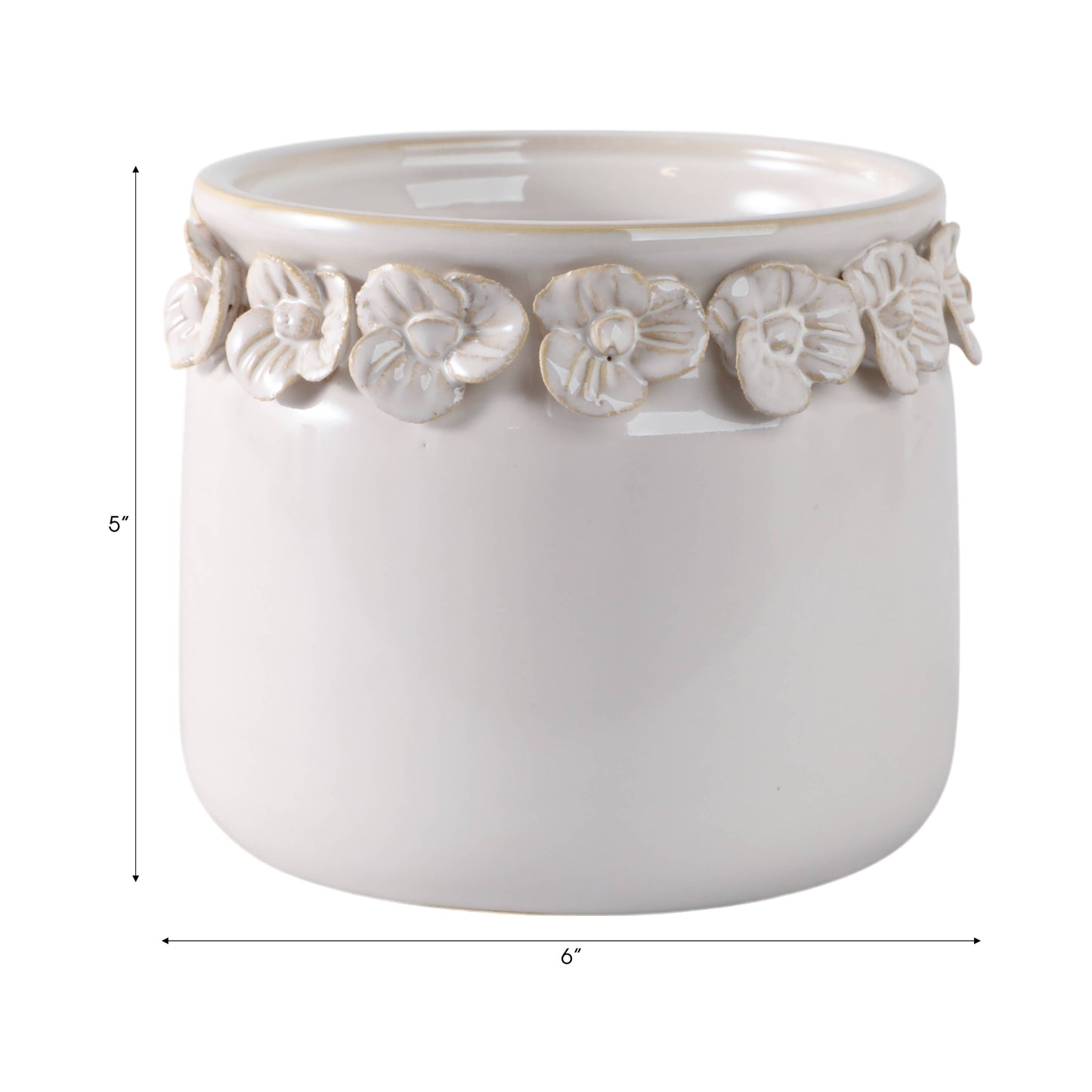 Plant Pot - Ivory Ceramic Sculpted Floral Rim Applique, 6 in