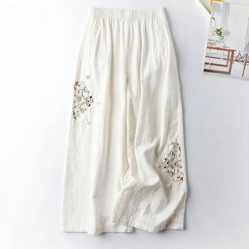 Vintage Embroidered Wide-Leg Cropped Pants