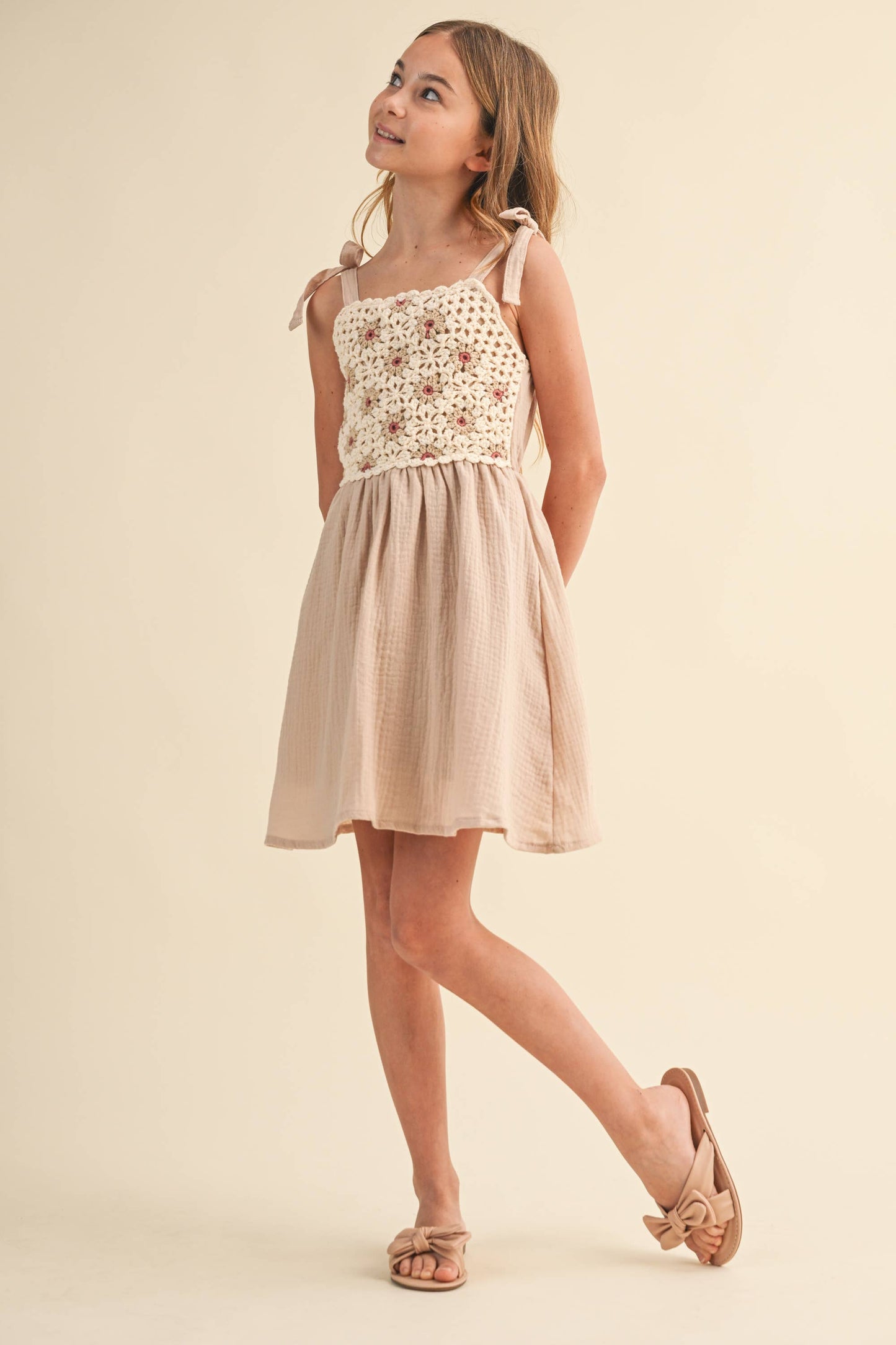 TWEEN KIDS GIRLS CROCHET TIE SHOULDER MINI DRESS (7-12)