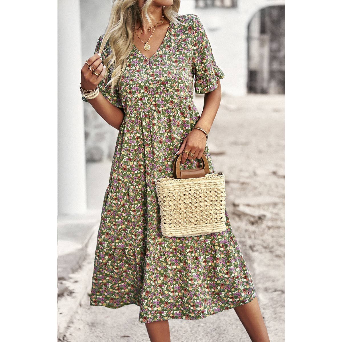 Floral Print Fit Ruffle Sleeve Midi Dress