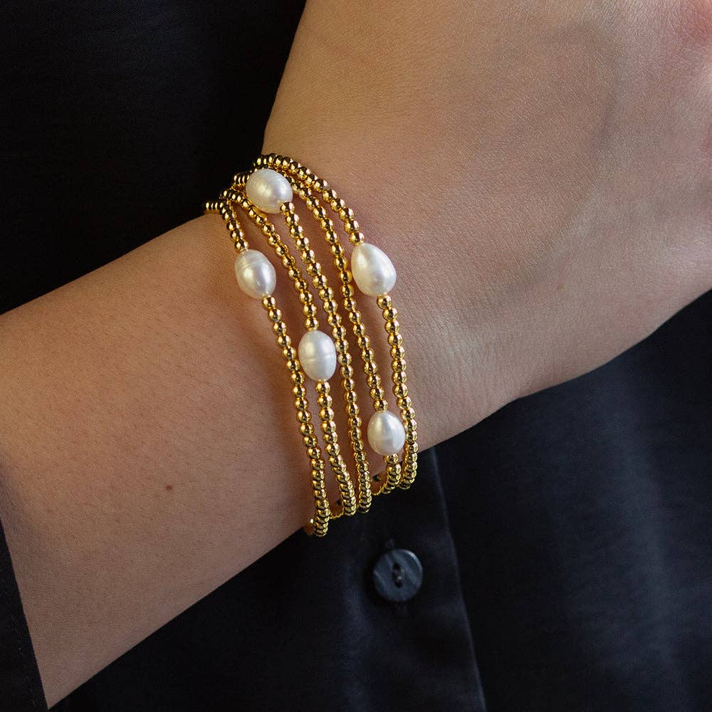 Uno Pearl & Gold Beaded Tarnish Resistant Stretch Bracelet