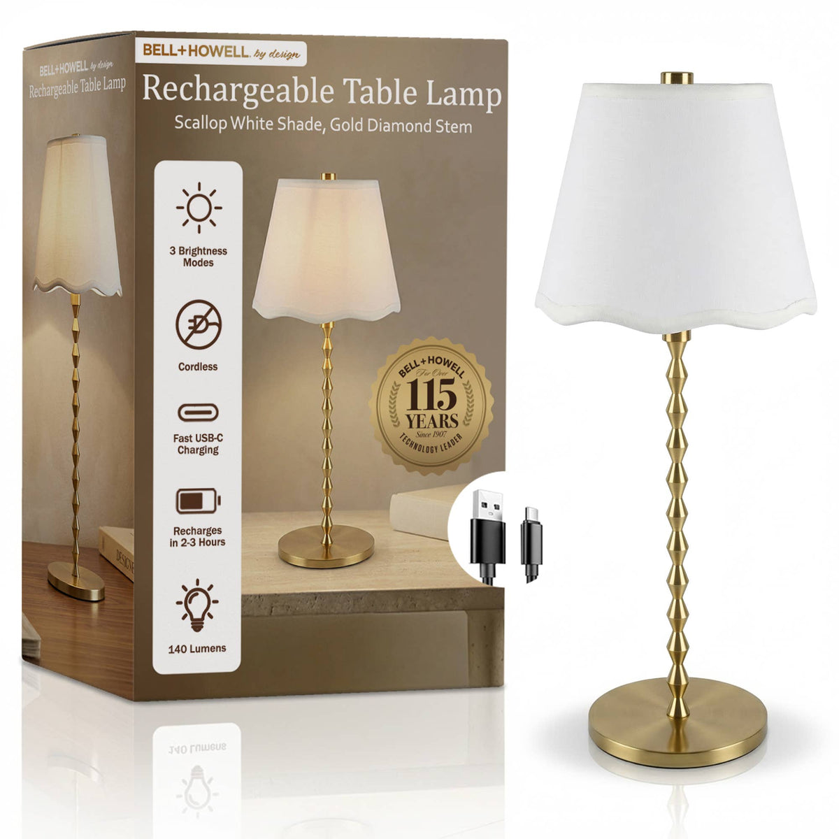Diamond Stem Scallop Shade Rechargeable LED Dimmable Lamp