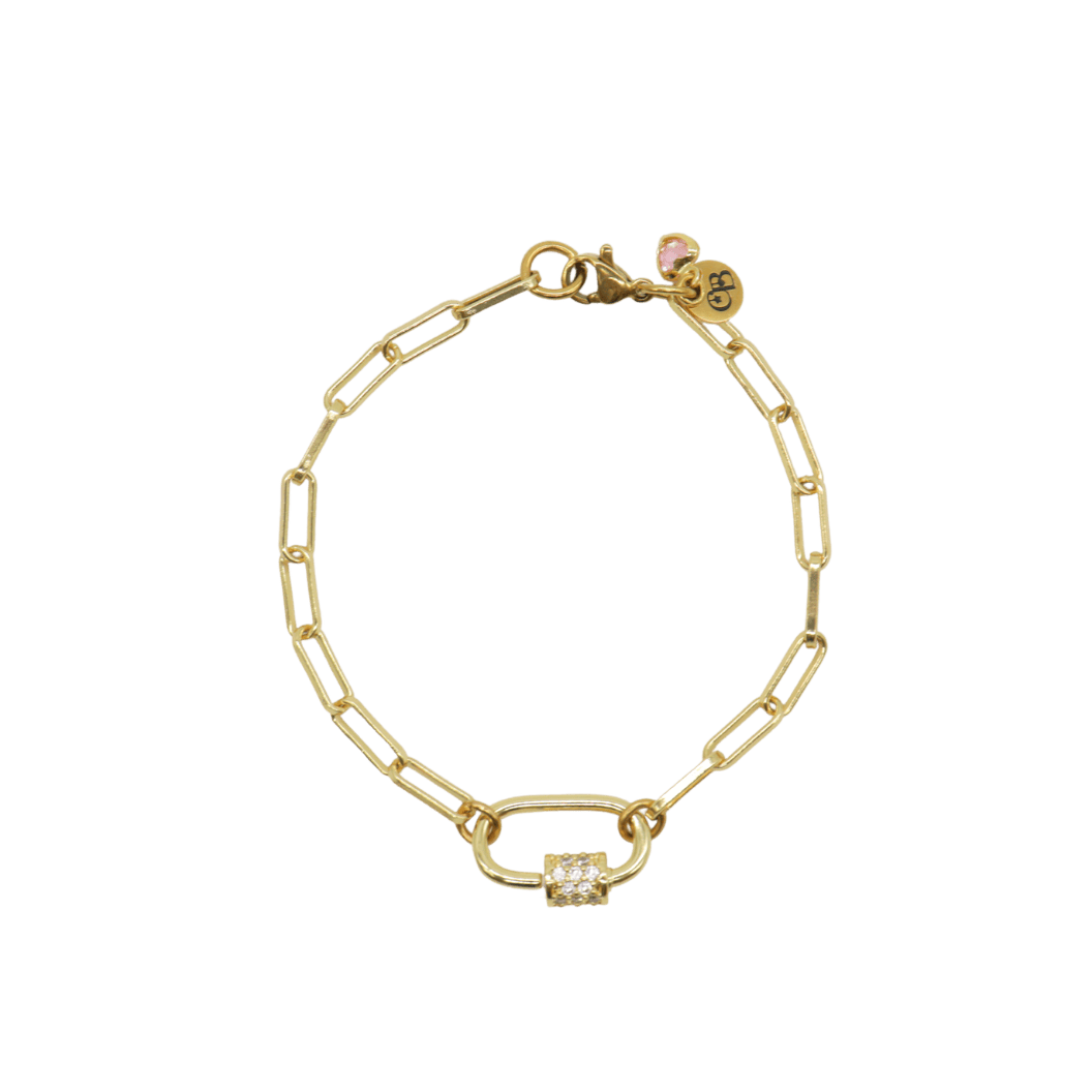 Gold Ashley (Box) Paperclip Chain Charm Bracelet with Clear Cubic Zirconia Small Gabi Carabiner