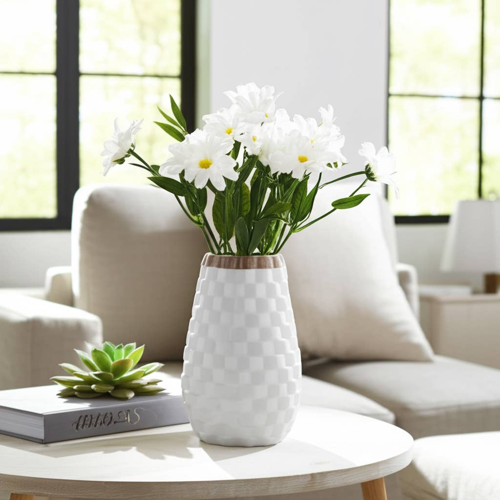 White 9 in. Ceramic Novelty Geometric Textured Vase