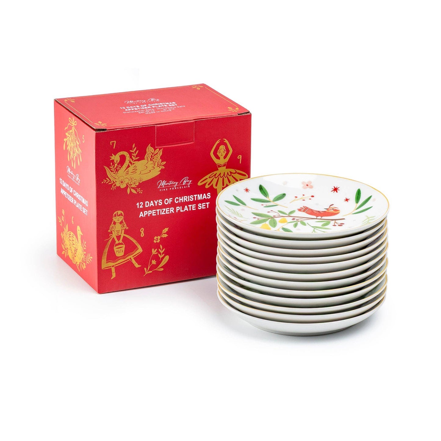 12 Days of Christmas Fine Porcelain Appetizer Plate Set - Gift Box Version