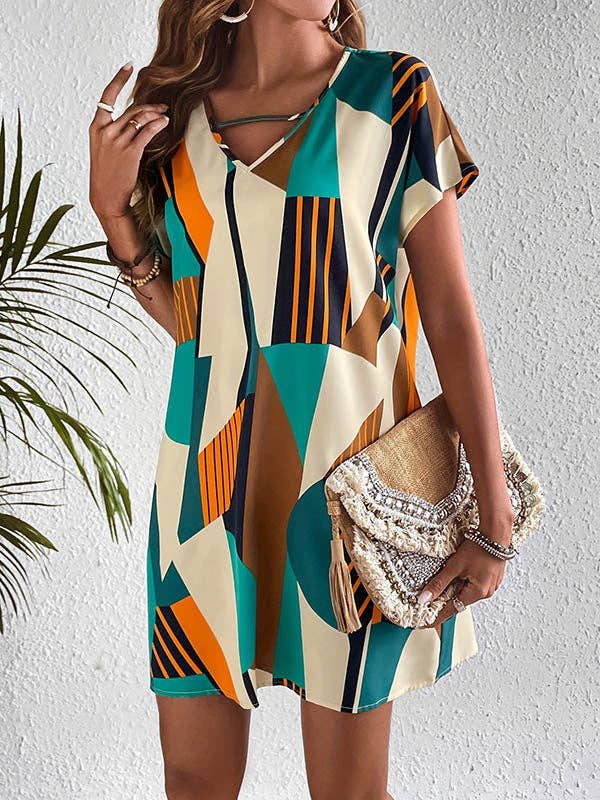 A-Line Loose Contrast Color Printed Zipper V-Neck Mini Dresses