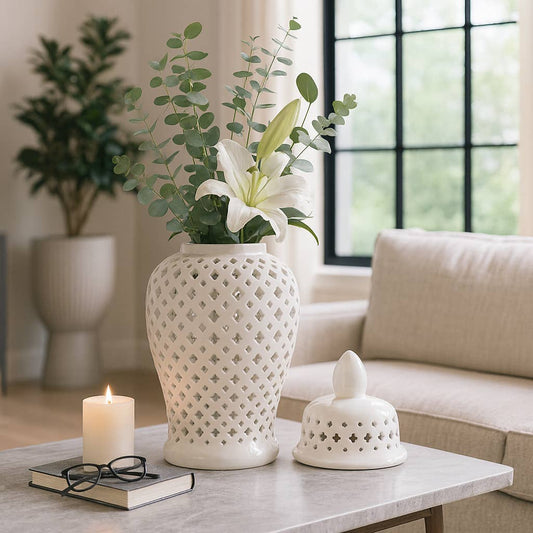 Decorative Temple Jar - White Ceramic Cut-out Clover, 24 in.