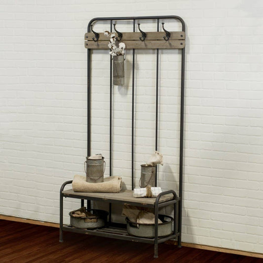Metal and Wood Bench With Hooks Hall Tree