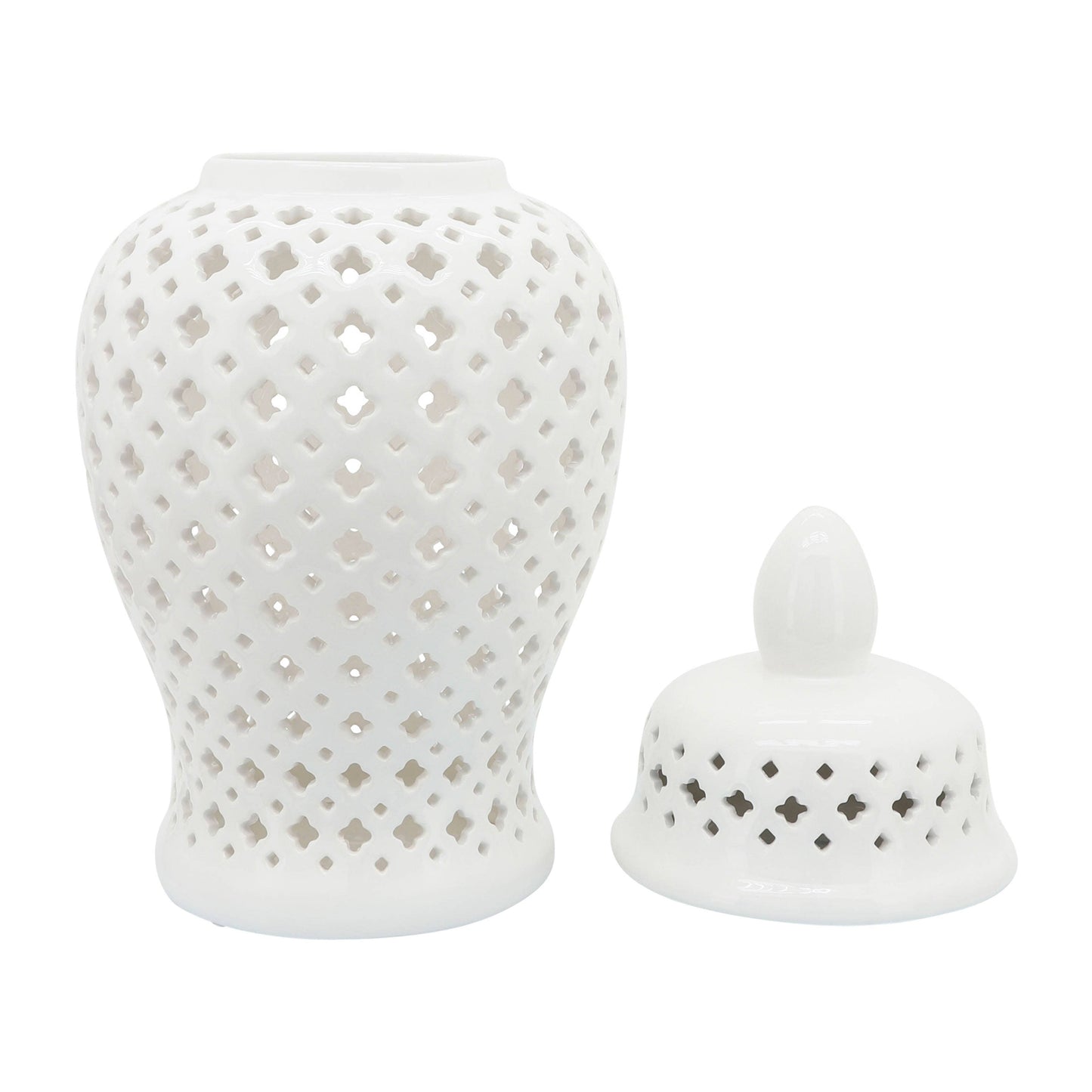 Decorative Temple Jar - White Ceramic Cut-out Clover, 24 in.