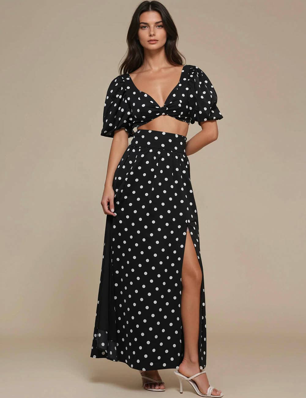 Ladies Polka Dot Crop Top Midi Skirt 2PCS Set
