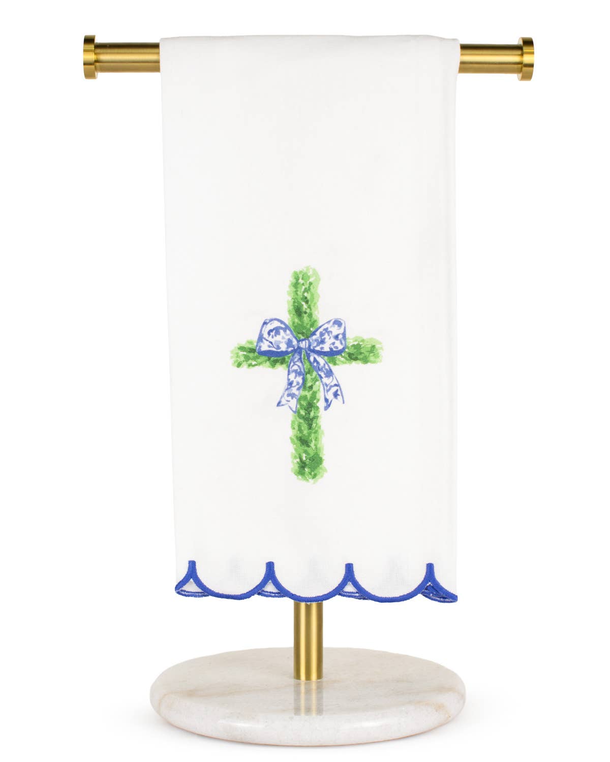Boxwood Cross Scalloped Hand Towel   White/Green   20x28