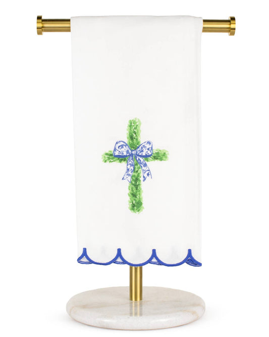 Boxwood Cross Scalloped Hand Towel   White/Green   20x28
