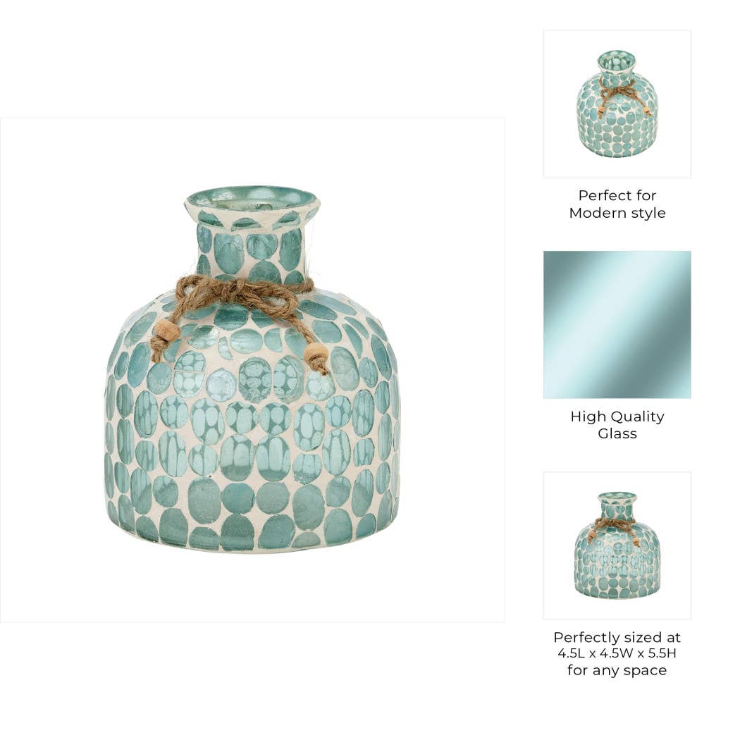 Glass Mosaic Textured Round Accents Vase - Blue, 6 in.