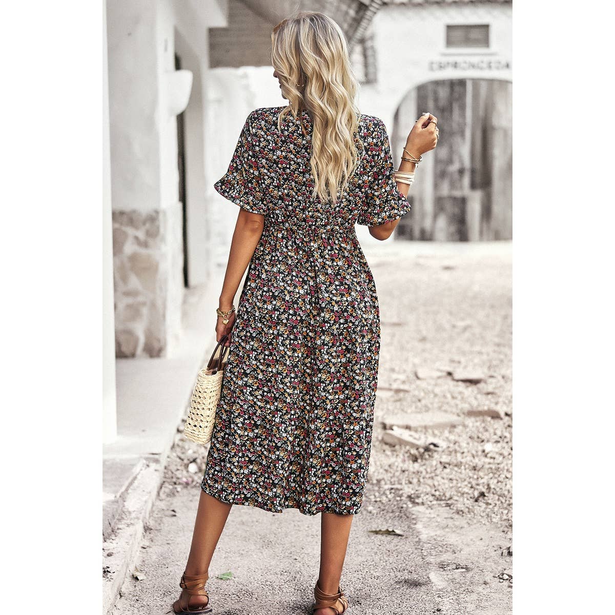 Floral Print Fit Ruffle Sleeve Midi Dress