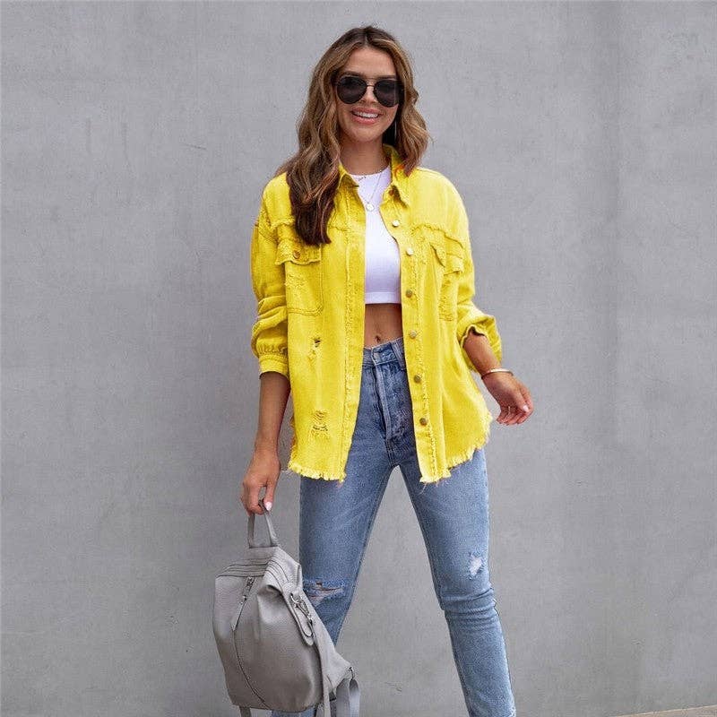 Mid-Length Solid Color Distressed Denim Jacket