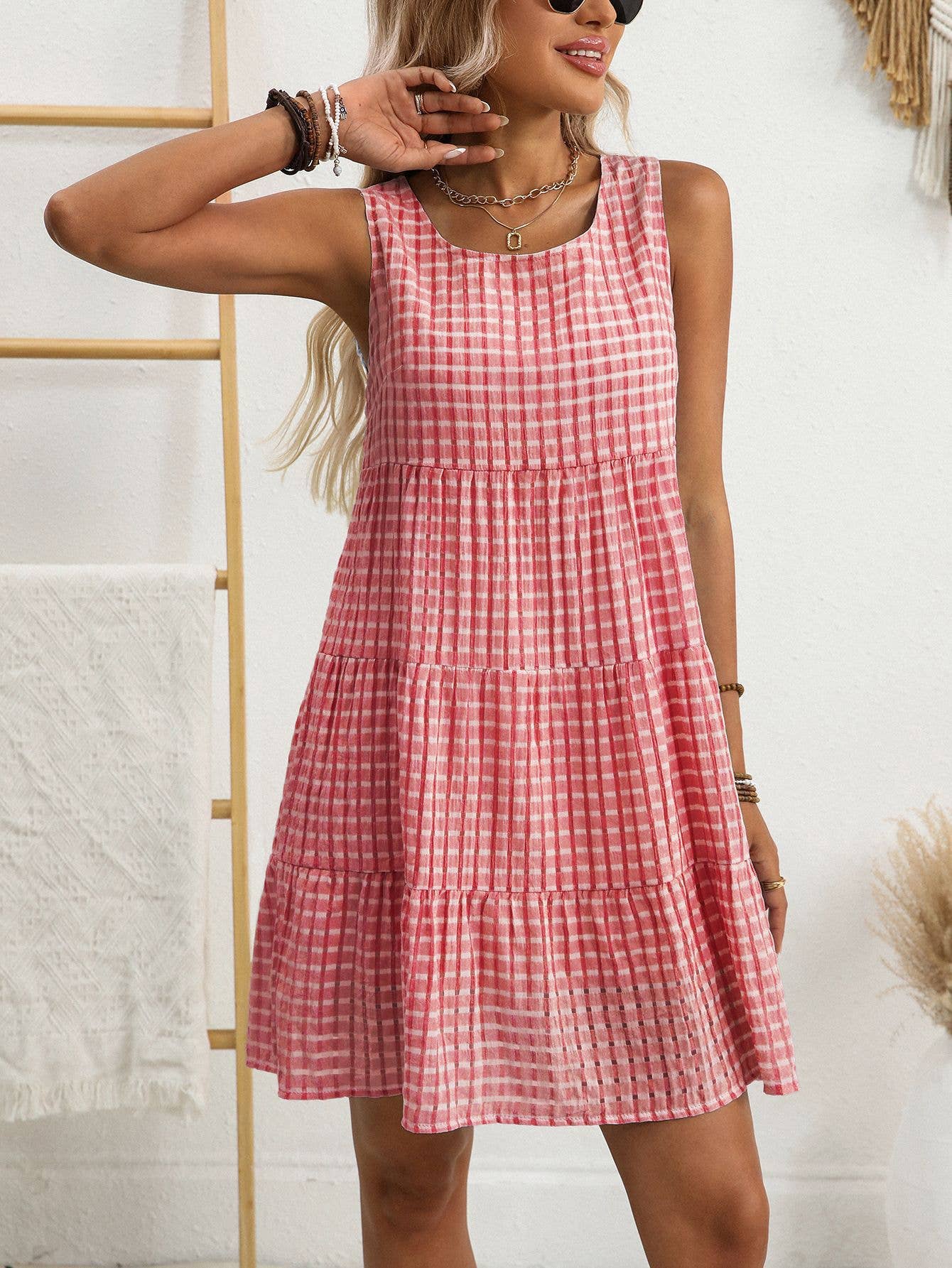 Checkered Tiered Sleeveless Mini Dress