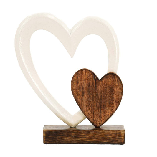 Wood & White Metal Heart on Stand