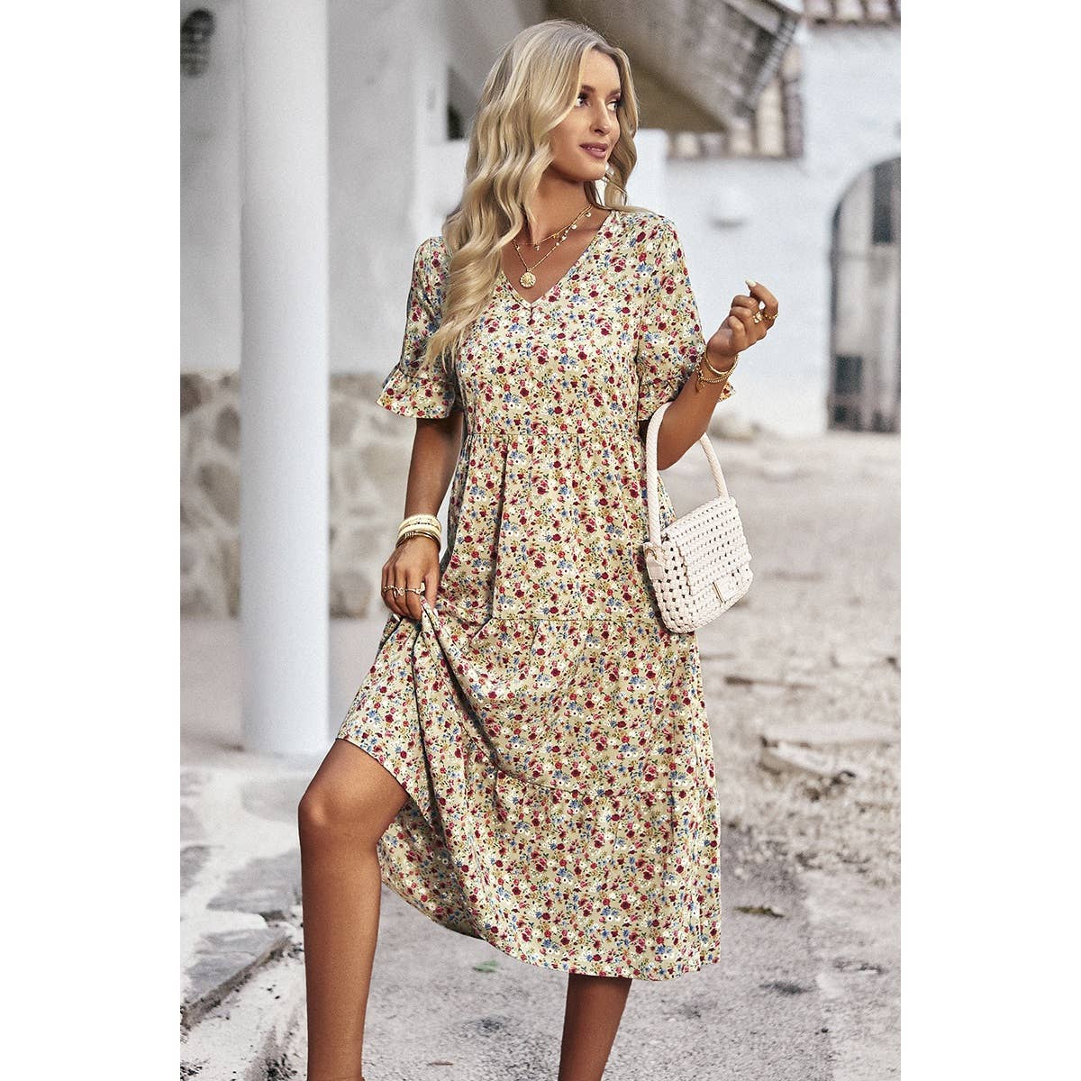 Floral Print Fit Ruffle Sleeve Midi Dress