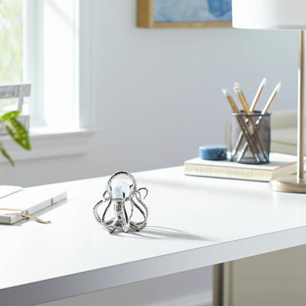 Figurine - Silver Metal Octopus with Acrylic Ball, 8 in.
