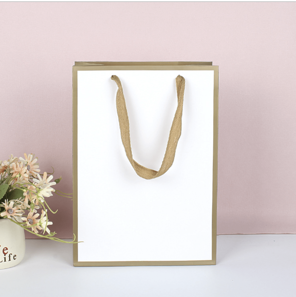 White with Gold border gift bag w/free tissue  , pack of 20