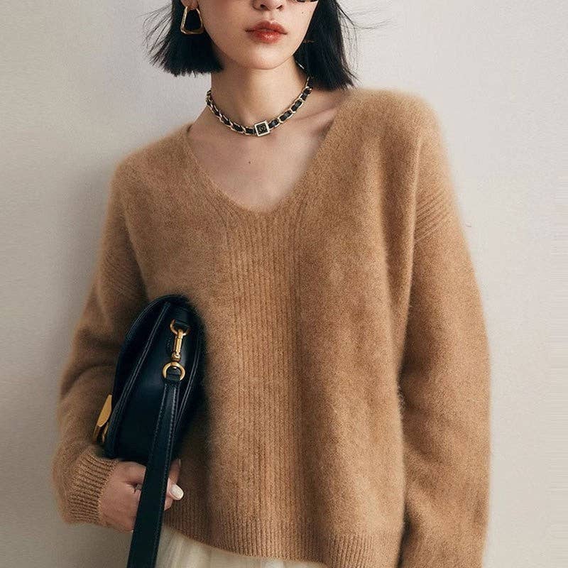Loose V-Neck Cashmere-Like Sweater