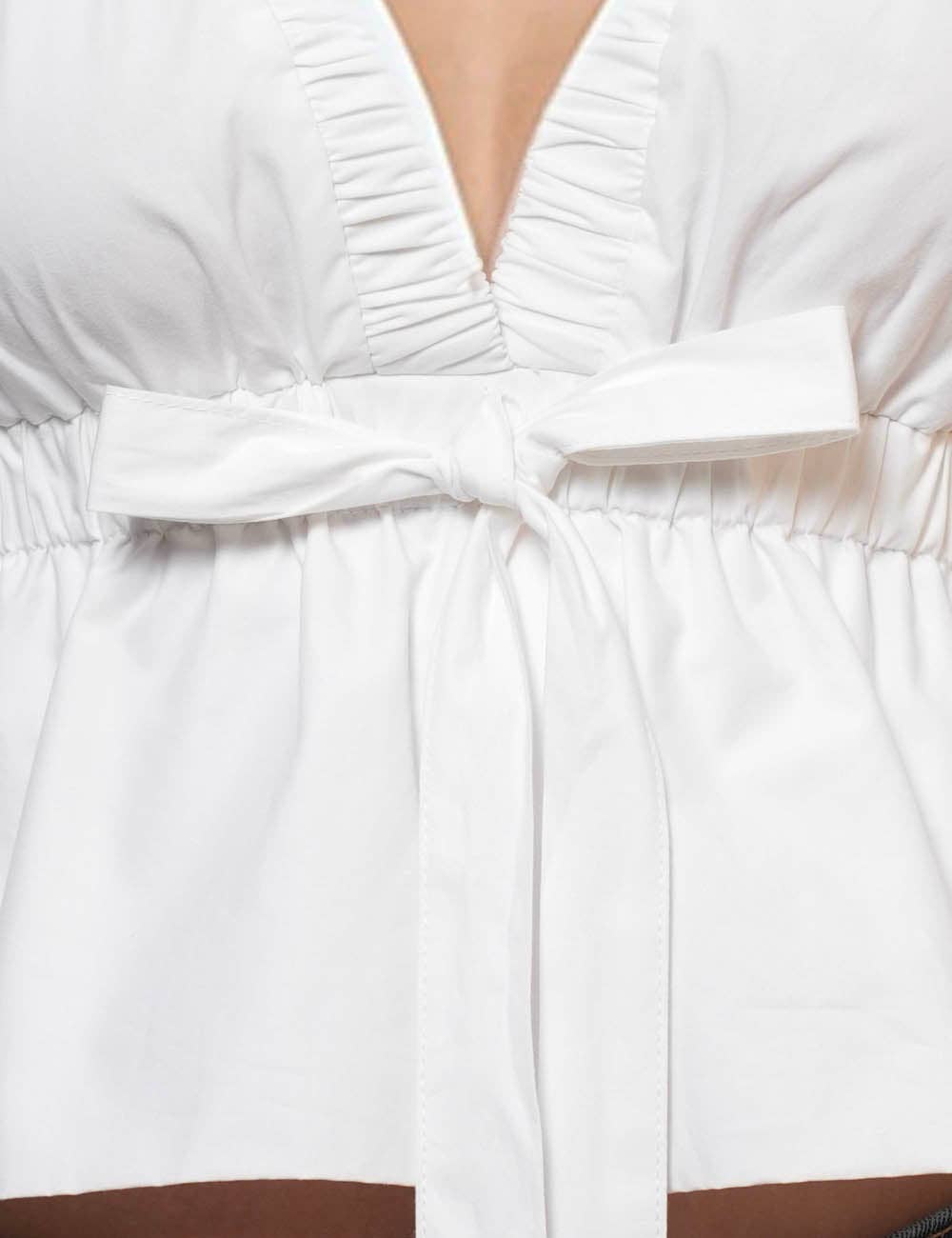 Ladies V-neck Waist Bowtie Sleeveless White Top SKT51005