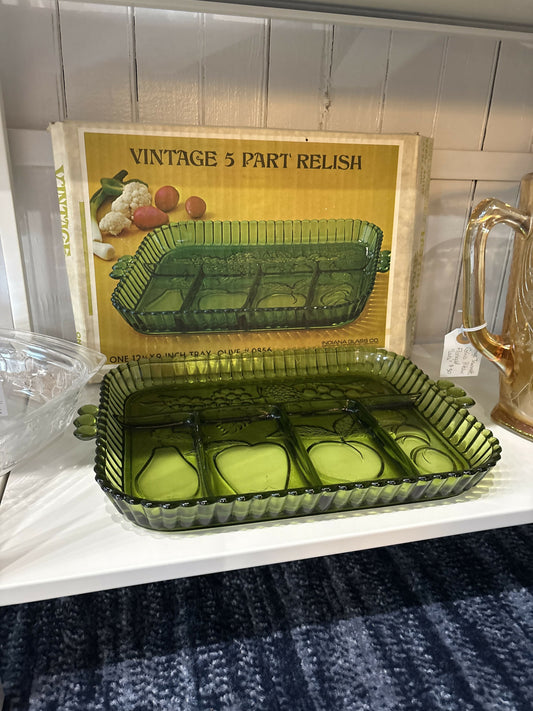 Green pIndiana glass relish tray