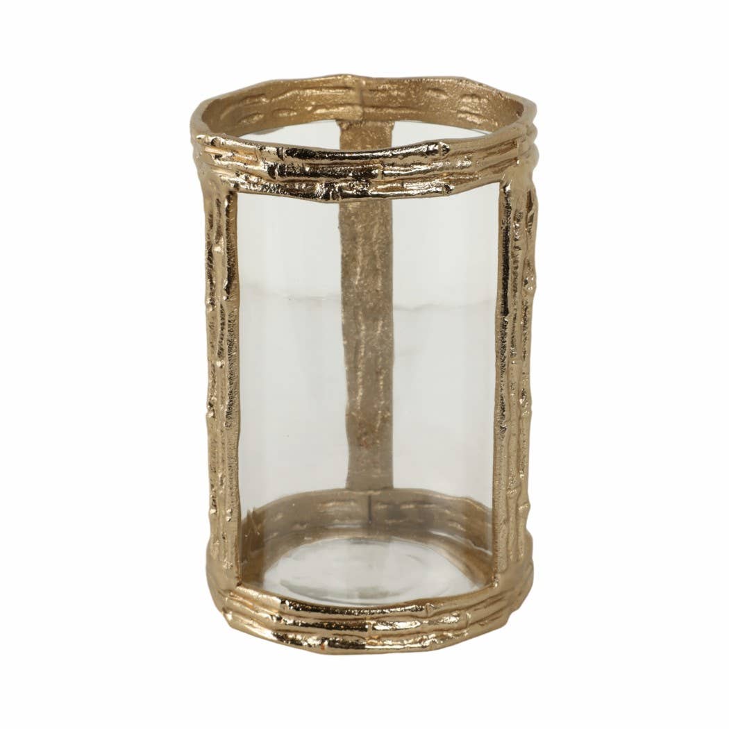 Gold 8 in. Metal Hurricane with Glass Candle Holder