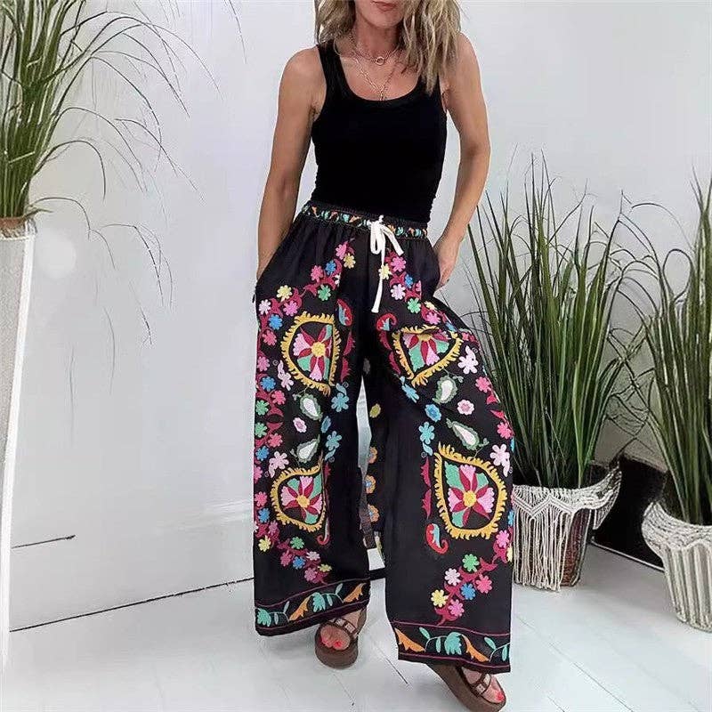 Loose Fit Leisure Pants With Denim Print Design