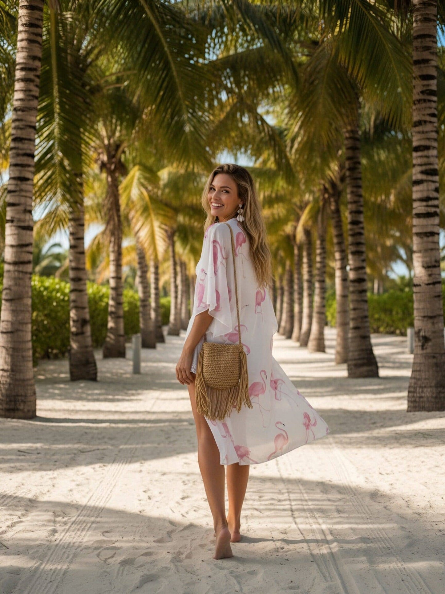 JC091728 White-Pink Flamingo Kimono/Cover-Up