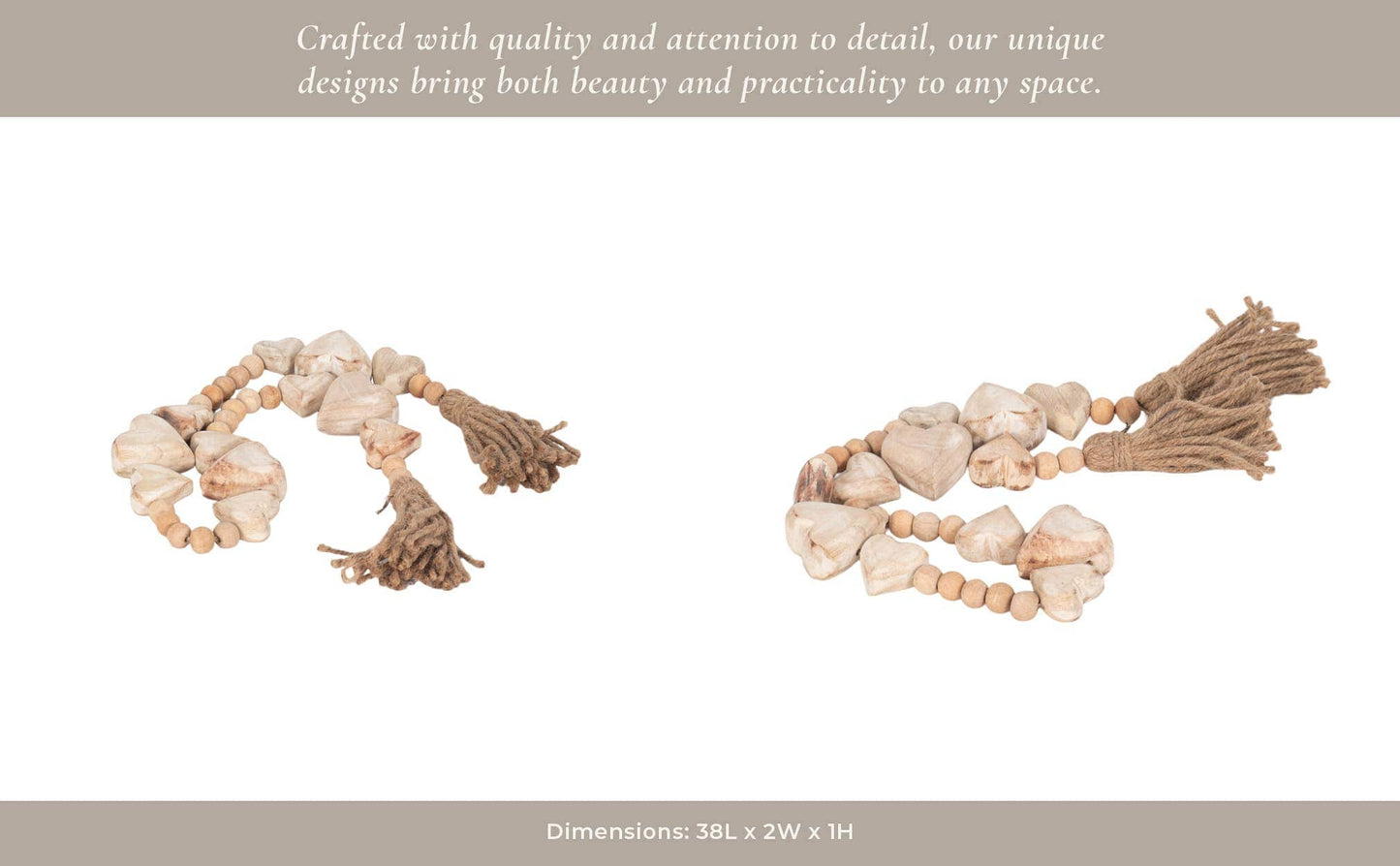 Wood Woven Heart Beaded Garland with Tassels - White, 38 in.