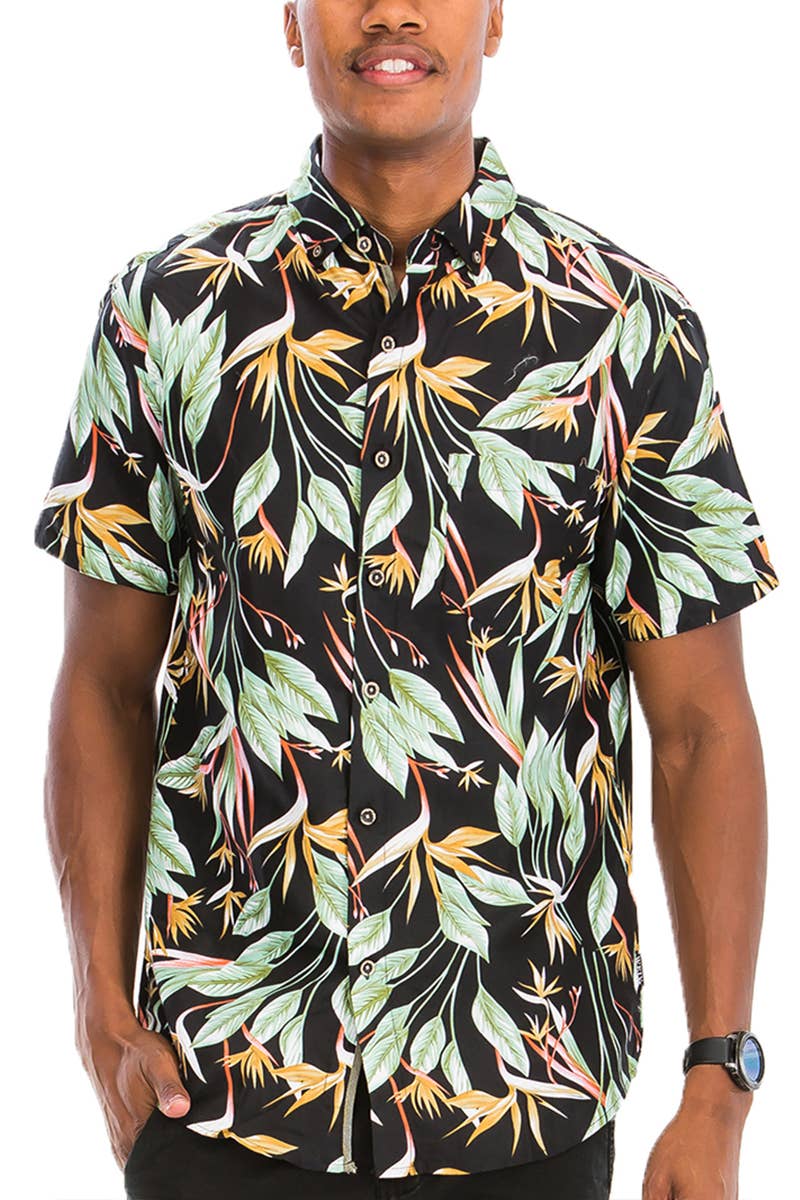 WS7024 Polyester Hawaiian Print Button Down Short Sleeve