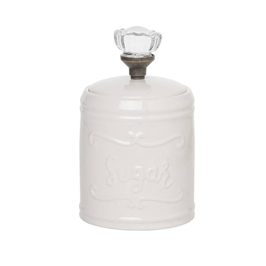 White Embossed Sugar Canister w/ Glass Knob