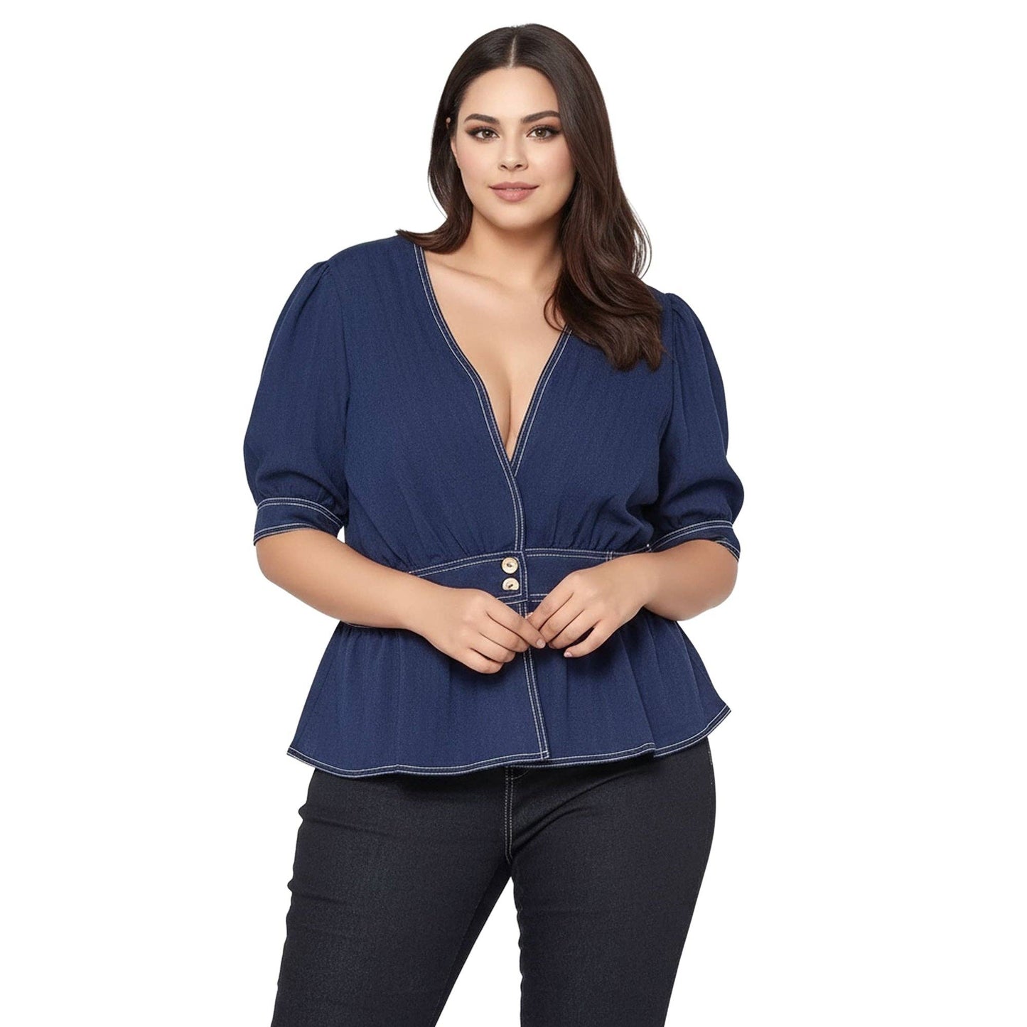 Nurode's Plus Size Puff Shoulder Button Front Peplum Top