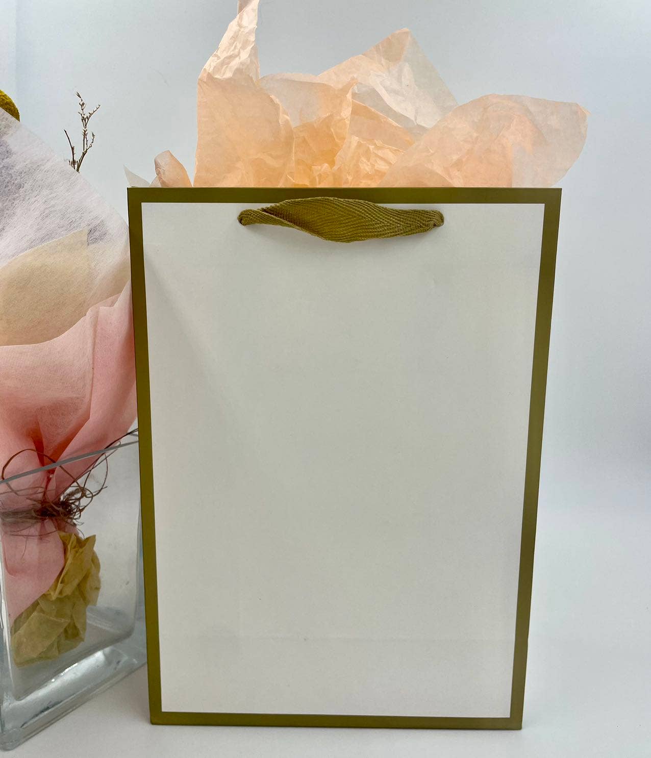 White with Gold border gift bag w/free tissue  , pack of 20