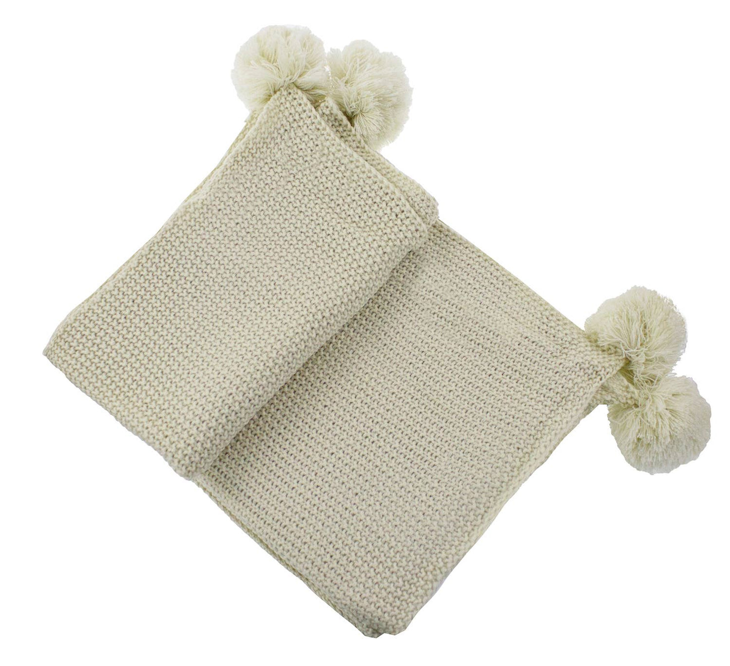 Natural Chunky Knit Pom Pom Throw Blanket