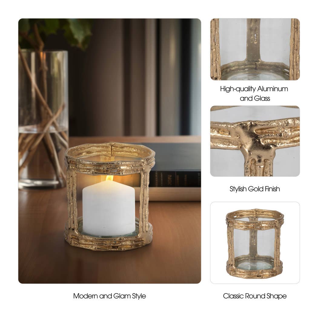 Metal Glass Modern Hurricane Candle Holder - Gold, 6 in.