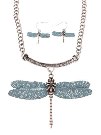 FR5106 3D Turquoise Dragonfly Necklace Set