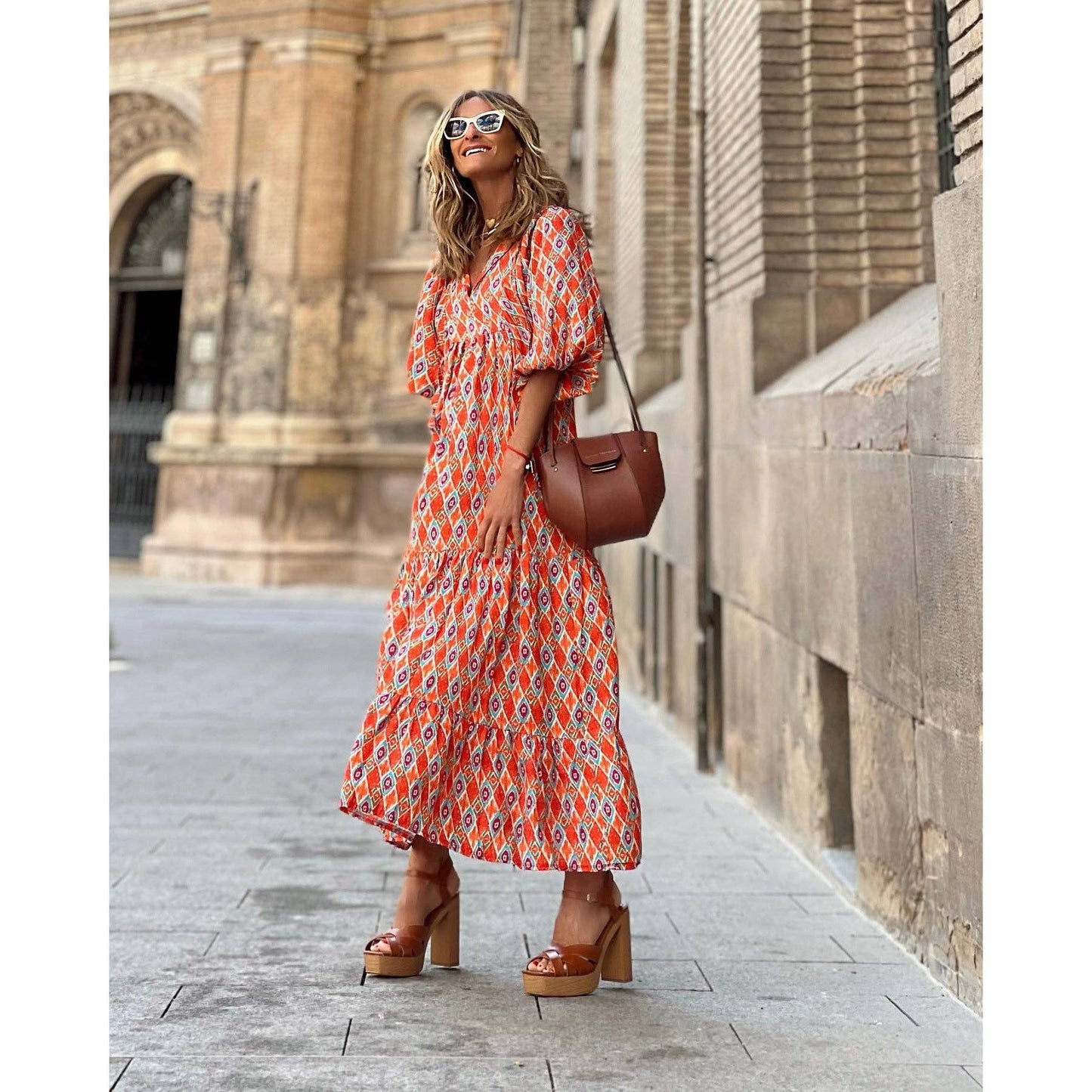 Geometric Abstract Collage Puff Sleeve Dress
