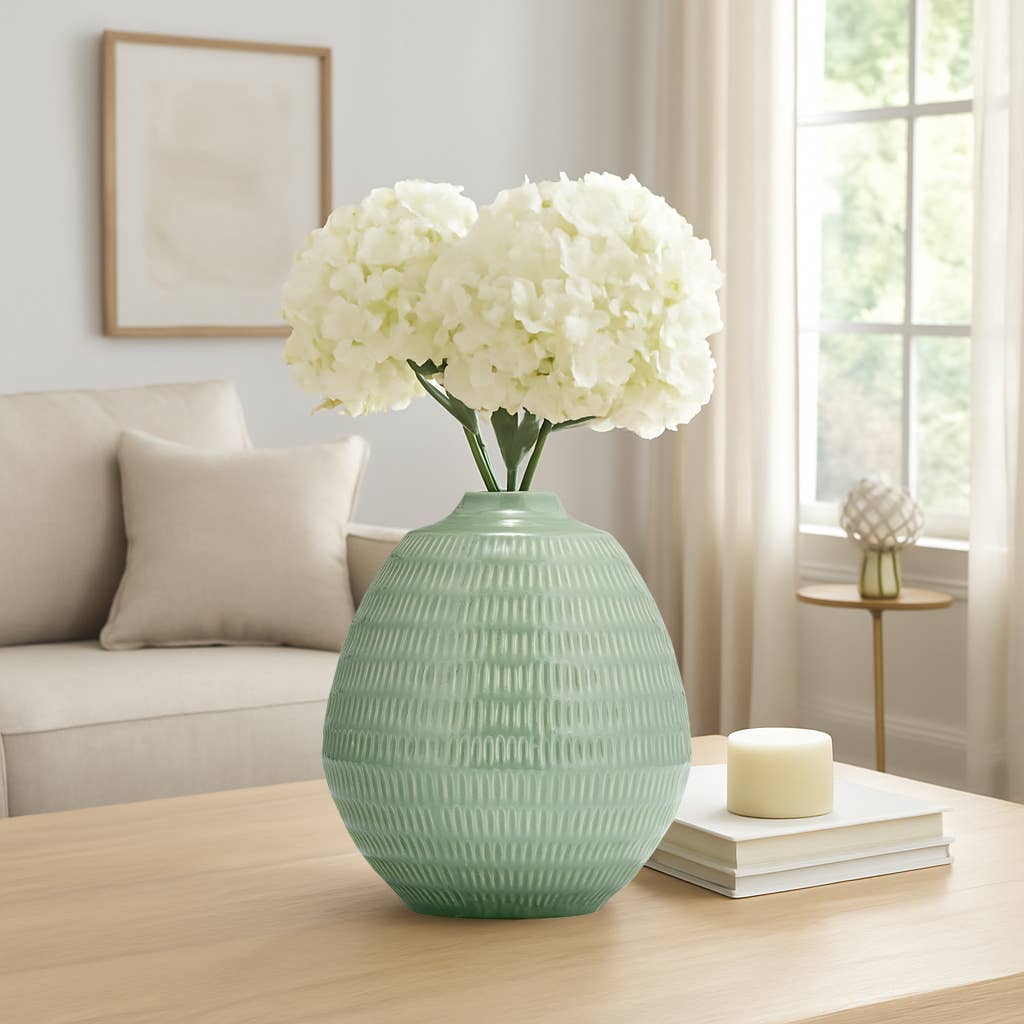 Ceramic Oval Stripe Decorative Vase - Green, 7 in.