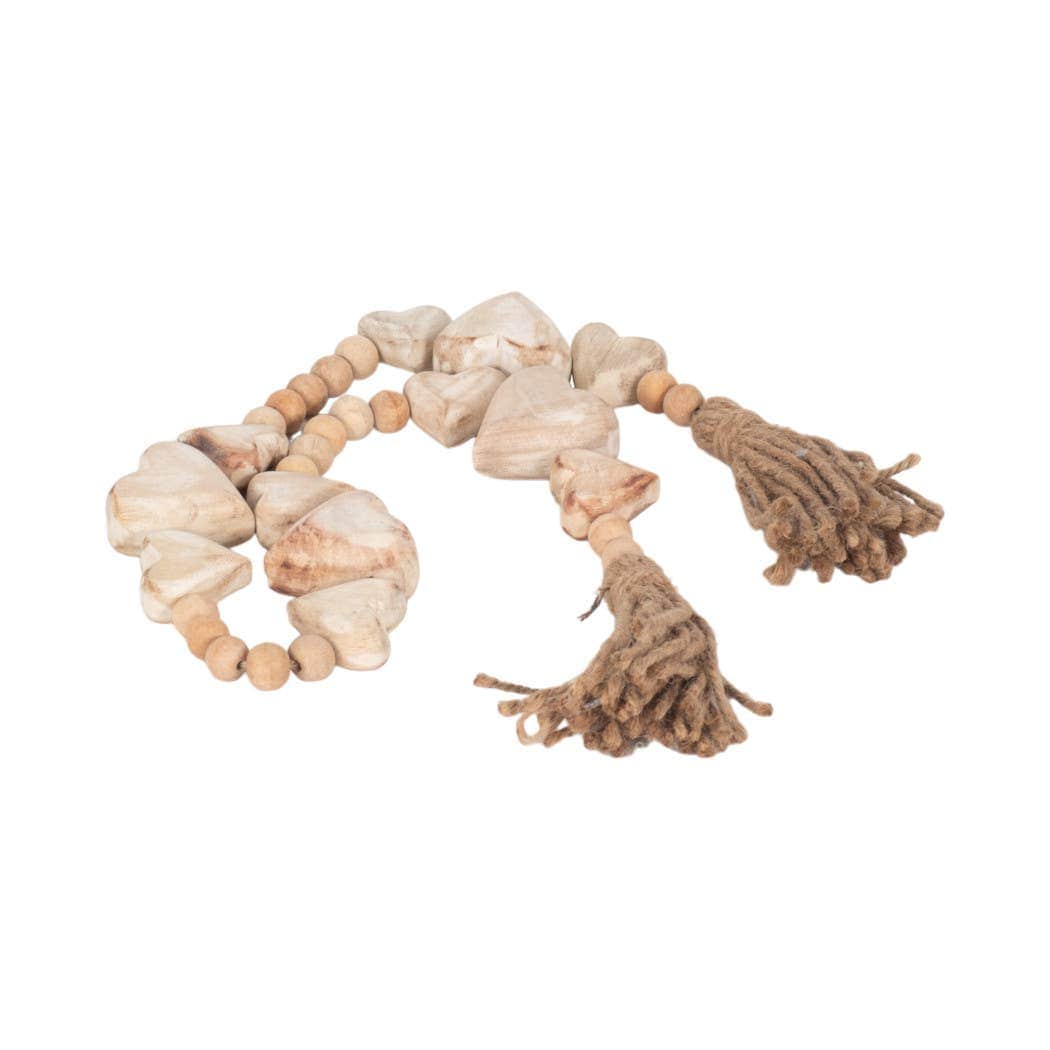 Wood Woven Heart Beaded Garland with Tassels - White, 38 in.