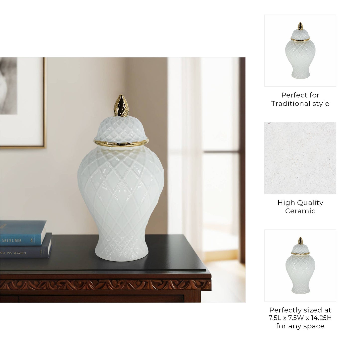 Ceramic Rope Lidded Decorative Temple Jar - White, 14 in.