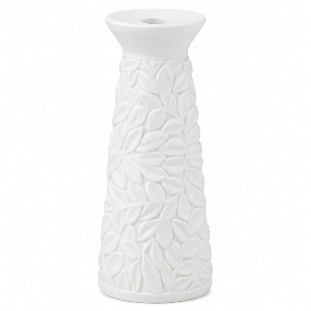 9" White Embossed Leaf Candlestick Holder