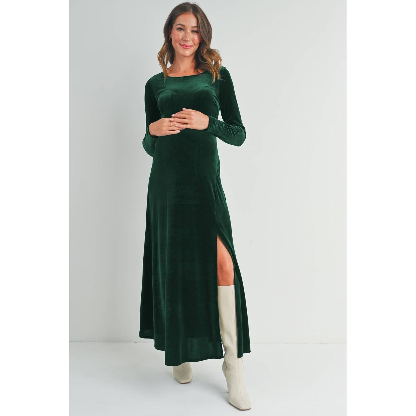 Velvet Long Sleeve Maternity Midi Dress
