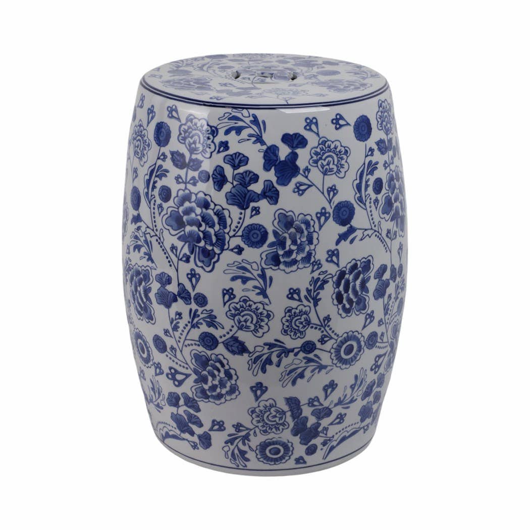 Ceramic Elegant Hydrangea Chinoiserie Stool - Blue, 17 in.